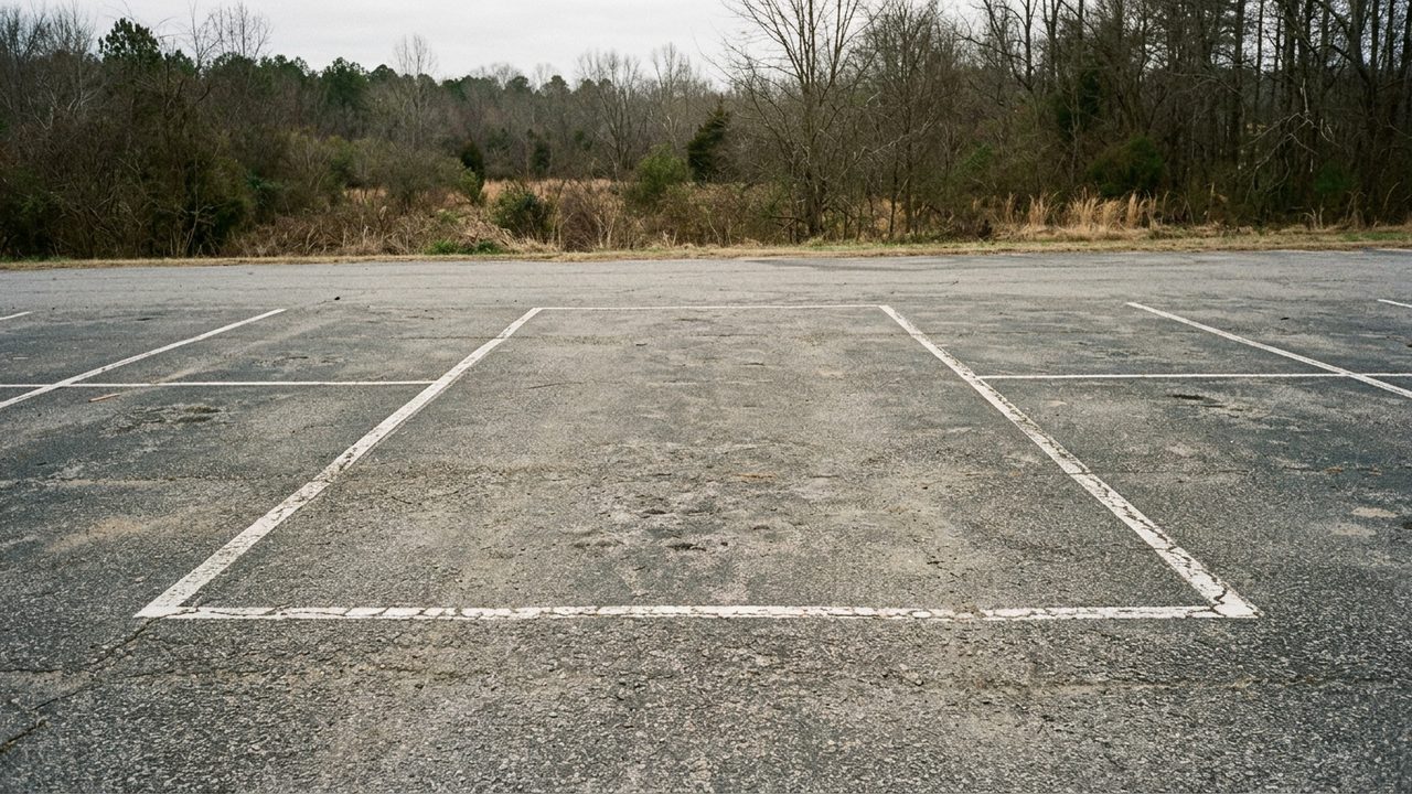 Empty wide parking bay marked for oversized vehicles beside standard bays on an open lot