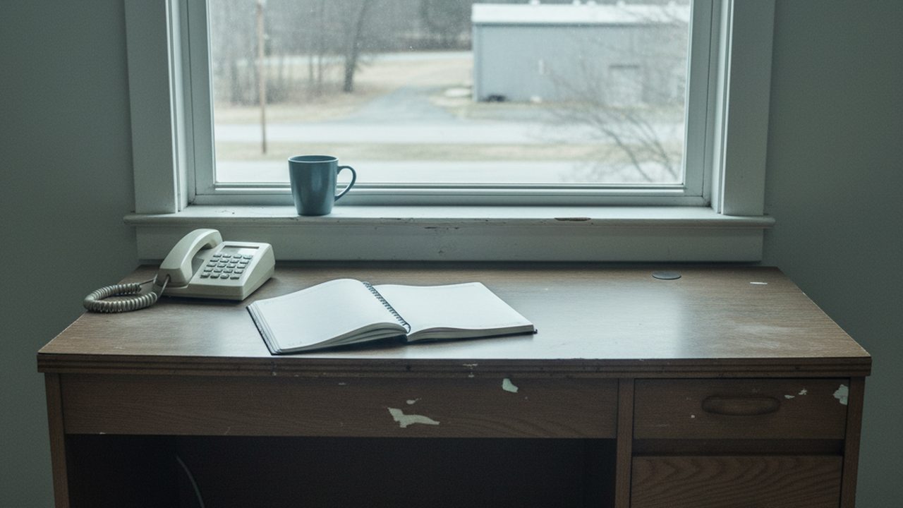 Plain office desk by a window with a paper diary, a telephone handset and a mug, flat daylight